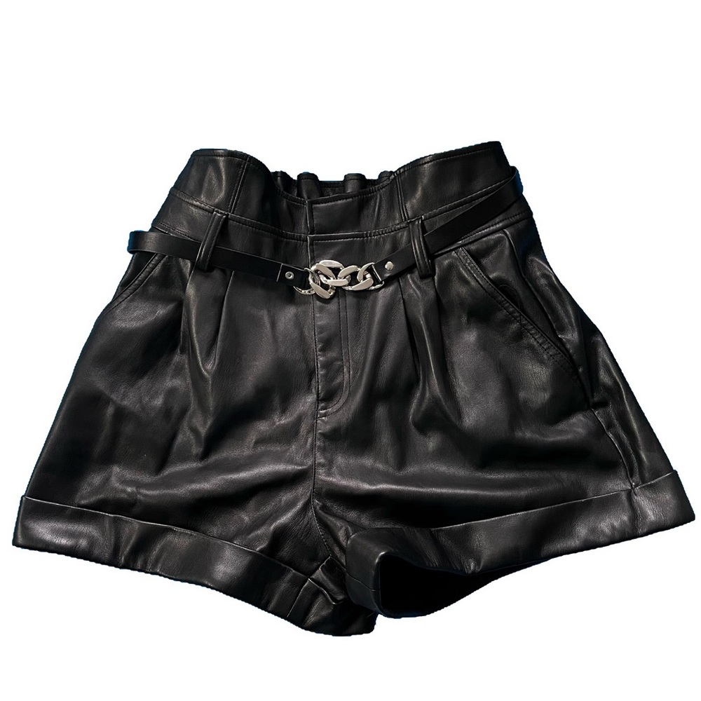 Faux-Leather Belted Cuffed Shorts